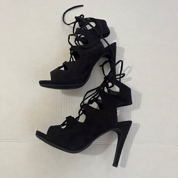 Y2K Strappy Cage Shoes Sz 7 Stiletto Heels Black Faux Suede Open Toe Whimsigoth. - Picture 3 of 8